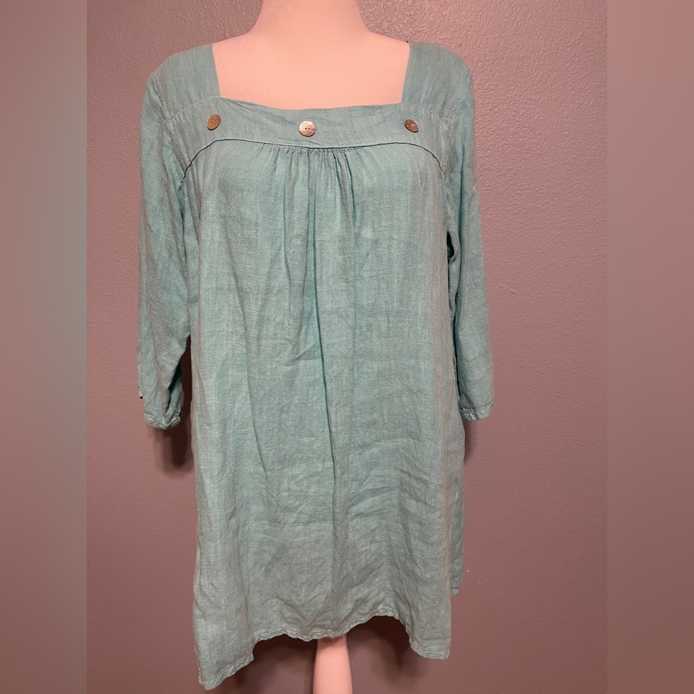 Match Point Teal 100% Linen Pantsuit Tunic Relaxed Fit Resort Lagenlook Club XL - Picture 2 of 12